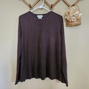 White Stag Mocha Brown Cardigan Chocolate Pearl Buttons XL Scalloped Neckline